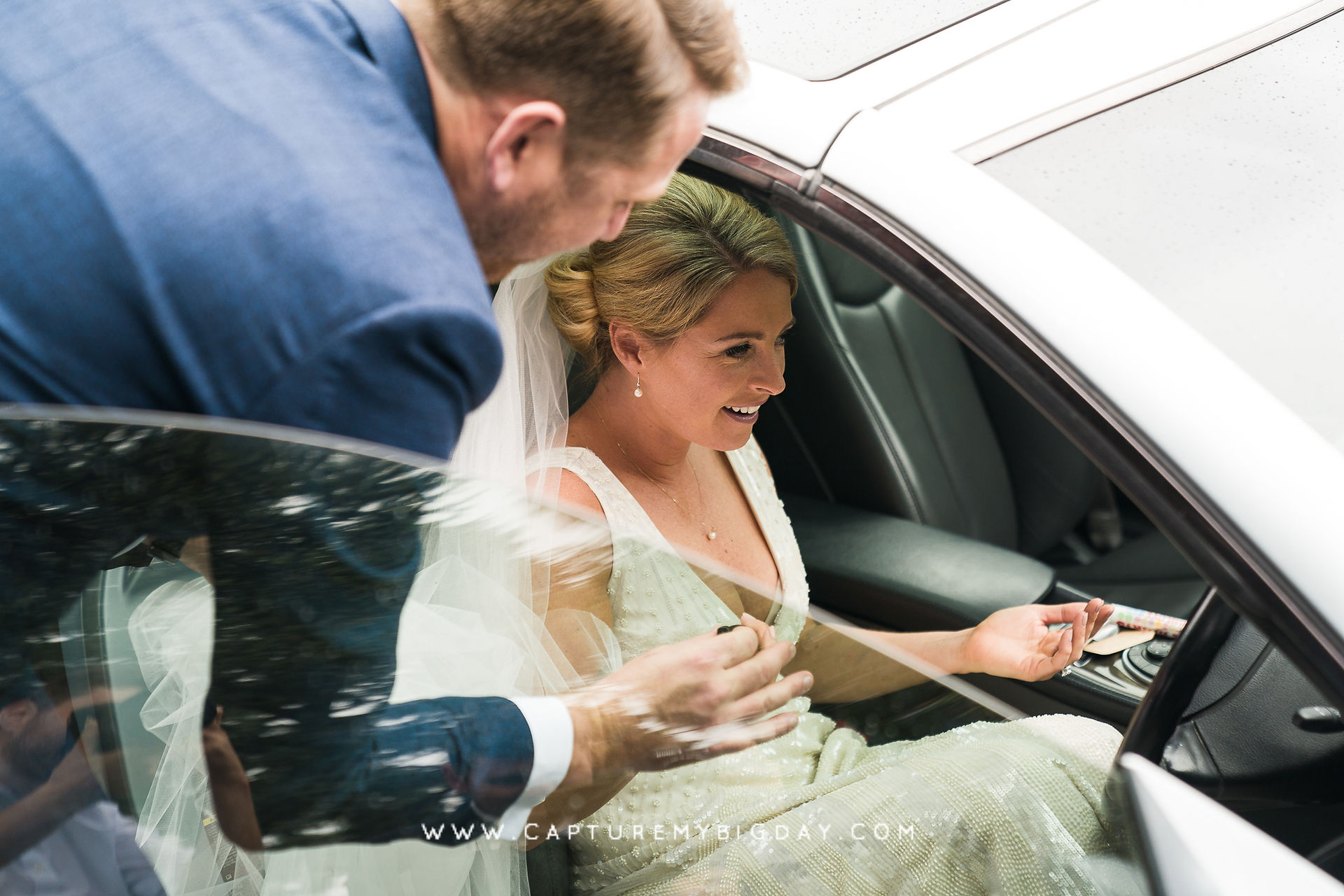 Bride in car