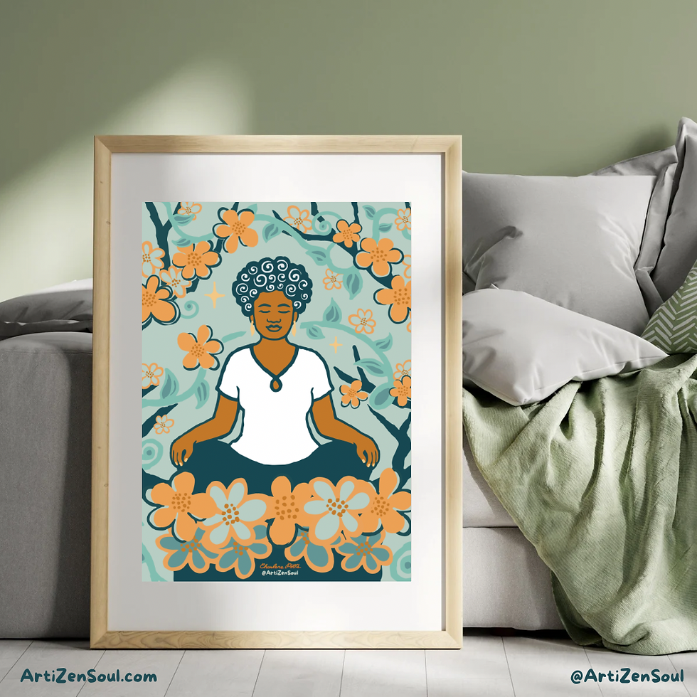 Framed wall art print of a woman meditating with flowers, branches and leaves surrounding her. The frame is sitting on the floor next to a bed.