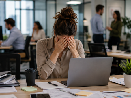 Overwhelmed businesswoman sitting at a desk in a modern office with coworkers blurred in the background, covering her face while working on a laptop surrounded by papers, coffee, and office supplies, representing workplace stress, burnout, and mental overload.