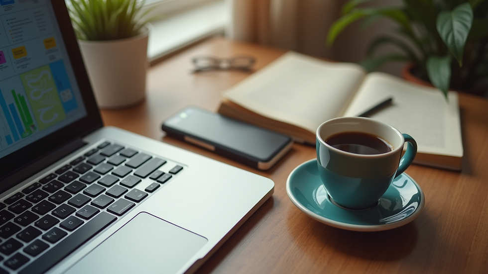 Eye-level view of a cozy home workspace with a laptop and a cup of coffee