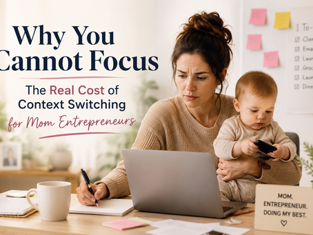 A stressed mom entrepreneur working on a laptop while holding a baby in a home office with the title “Why You Cannot Focus.”