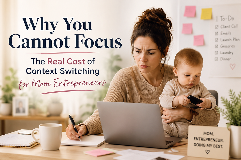 A stressed mom entrepreneur working on a laptop while holding a baby in a home office with the title “Why You Cannot Focus.”