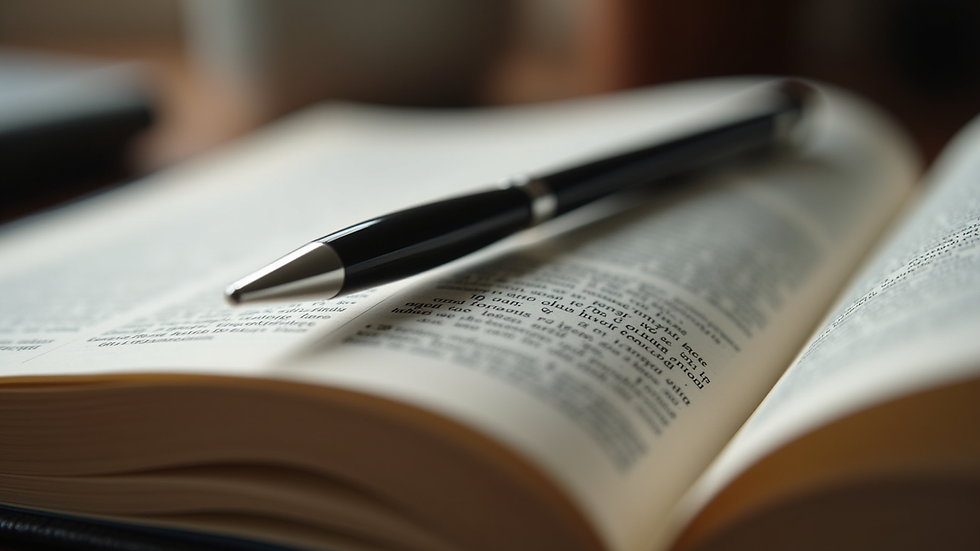 Close-up view of an open Bible with a pen resting on the page