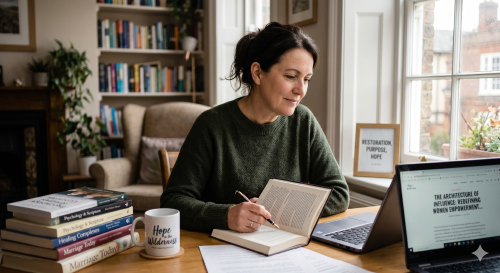 : A middle-aged woman sits at a wooden desk, writing in a notebook while referencing a laptop. The screen displays the blog title 'The Architecture of Influence: Redefining Women Empowerment...'. Stacks of books with titles related to psychology and marriage, a 'Hope in the Wilderness' branded mug, and a framed quote reading 'Restoration, Purpose, Hope' are also on the desk, illustrating a scene of professional writing and research.
