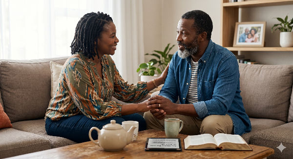 A photograph of an African couple, Tapera and an unidentified woman, smiling warmly at each other while seated on a sofa. Tapera wears a blue denim shirt and the woman wears an patterned orange and blue top. They hold hands across a wooden coffee table displaying a teapot, mugs, an open book, and a tablet displaying the text "The Hidden Currents in Marriage." A framed photo of the couple with a young girl is on a shelf behind them.