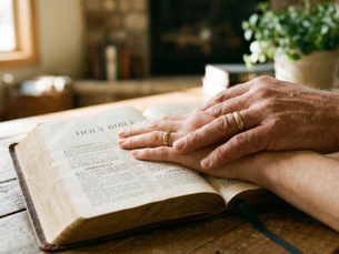 A warm, close-up photograph of a married couple's hands with wedding bands, resting together on an open Holy Bible upon a wooden table in soft morning light.