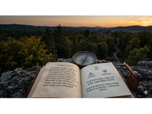 An open book on a rock overlooking a forest at sunset, showing Genesis 2:24-25 and Jungian psychology diagrams of Anima, Animus, and Individuation with a brass compass.