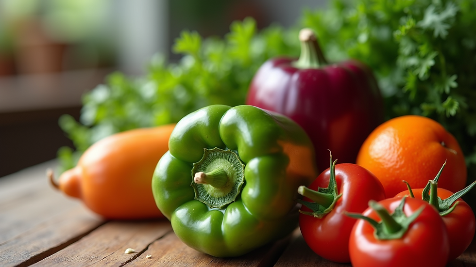 Close-up view of fresh vegetables and fruits on a wooden table