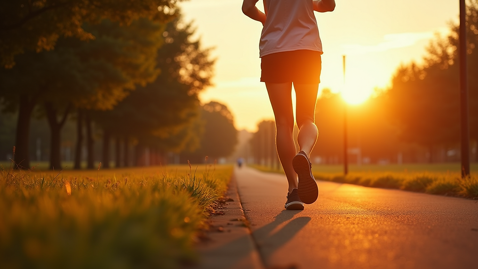 Eye-level view of a person jogging in a park during sunrise