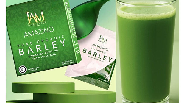 IAM Amazing Pure Organic Barley Powder in a Glass