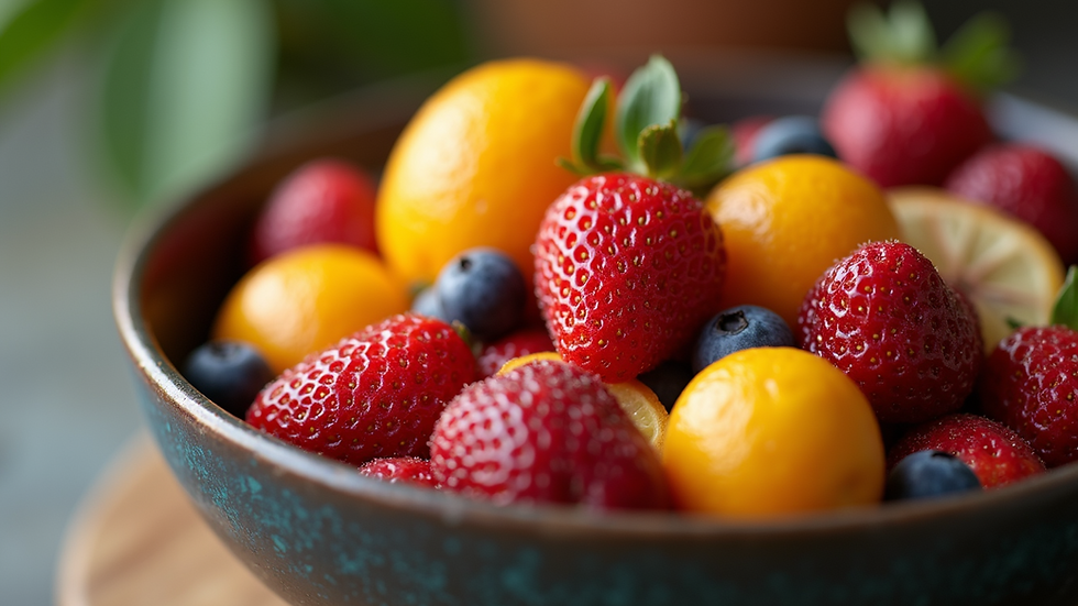 High angle view of a bowl filled with assorted colorful fruits
