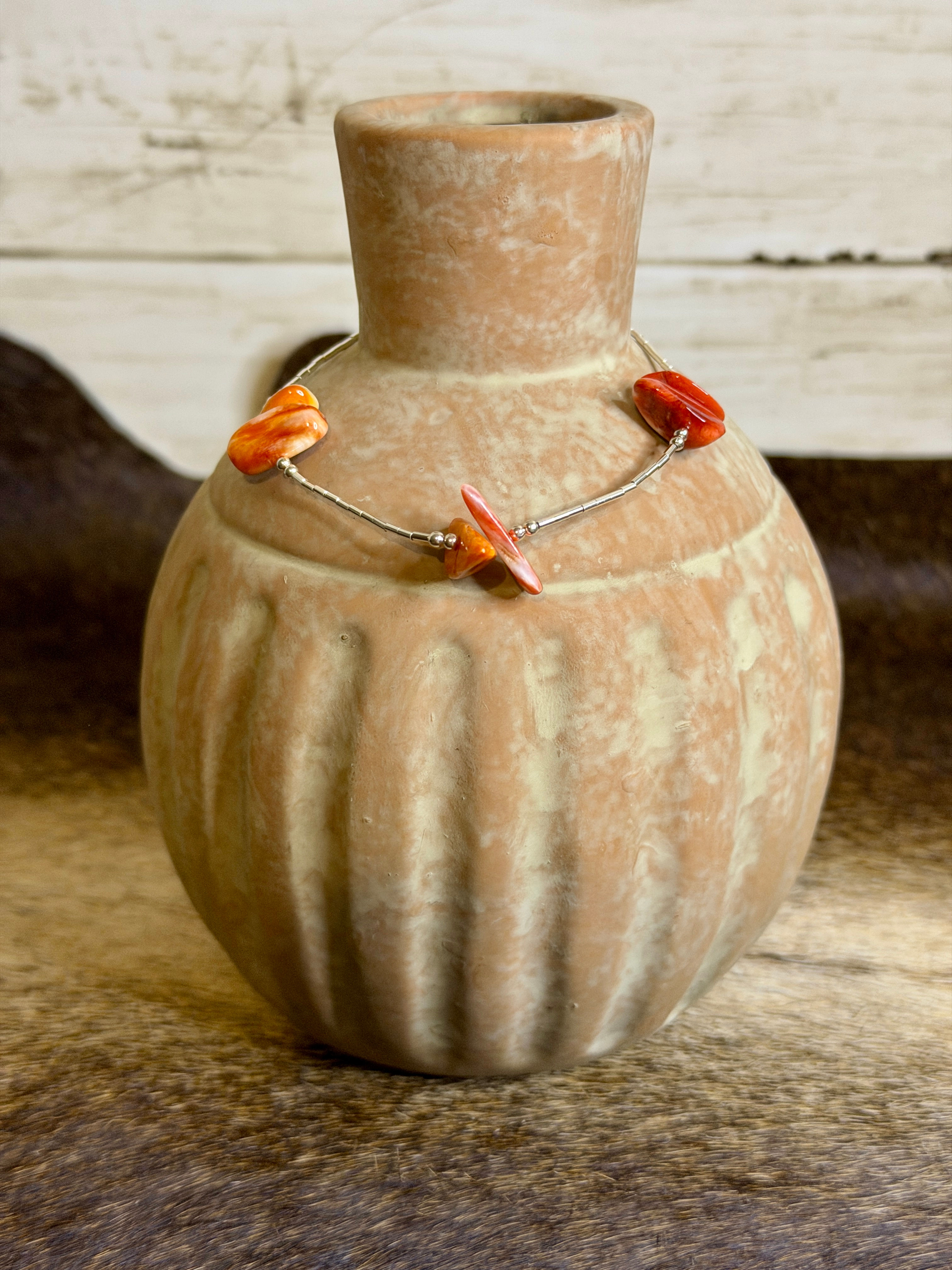 Sterling Silver -Liquid Silver and Orange Spiny Bracelet Size 7"