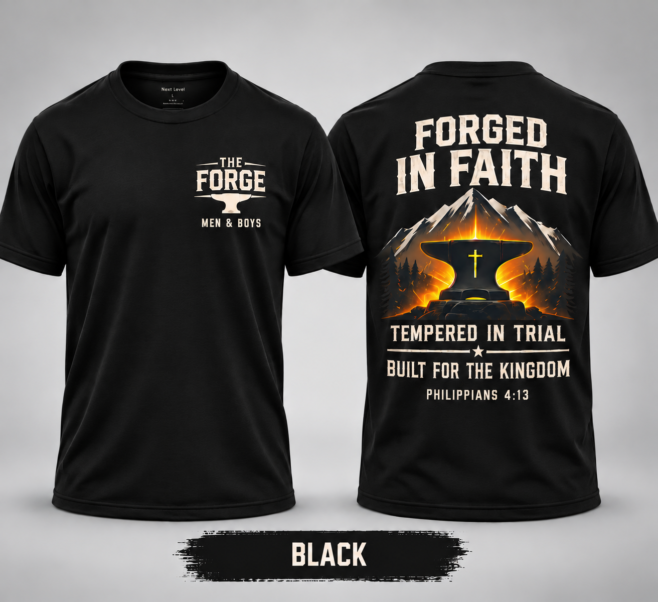Forged in Faith Philippians 4:13 anvil and cross shirt with The Forge Men & Boys emblem