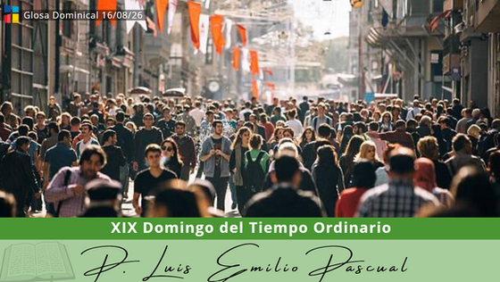Una multitud densa y variada de personas caminando por una calle comercial estrecha de la ciudad, con pancartas y banderas de colores colgando sobre ellos. La escena está enmarcada por edificios urbanos altos. Debajo de la imagen, hay una franja de color verde con el texto 'XIX Domingo del Tiempo Ordinario' y una firma estilizada que dice 'D. Luis Emilio Pascual', junto a un dibujo de un libro abierto.