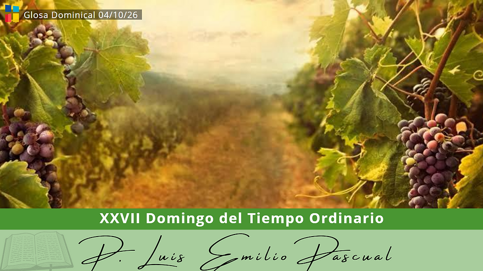 Vista en primer plano de racimos de uvas moradas y hojas de parra en un viñedo iluminado por el sol, con una franja verde inferior que indica 'XXVII Domingo del Tiempo Ordinario' y la firma de D. Luis Emilio Pascual.