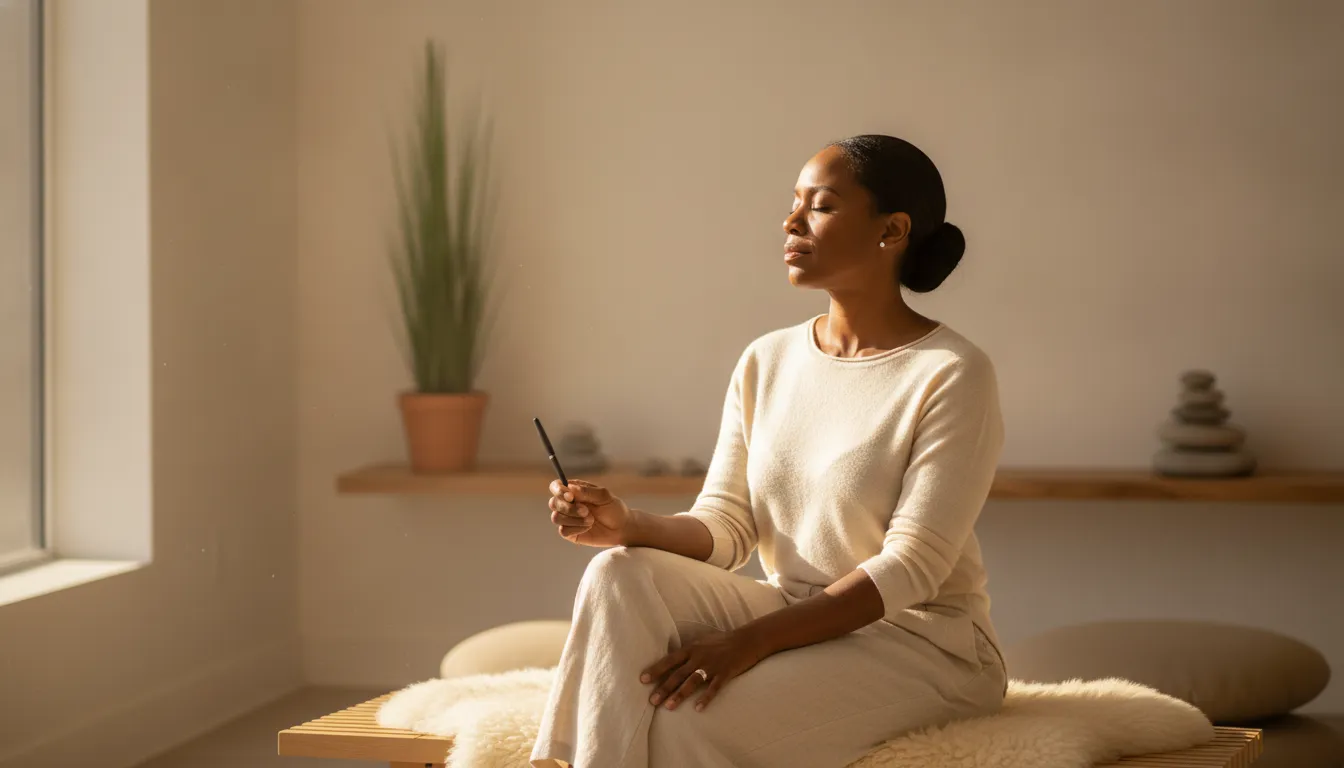 Executive pausing for grounded renewal in a calm wellness studio