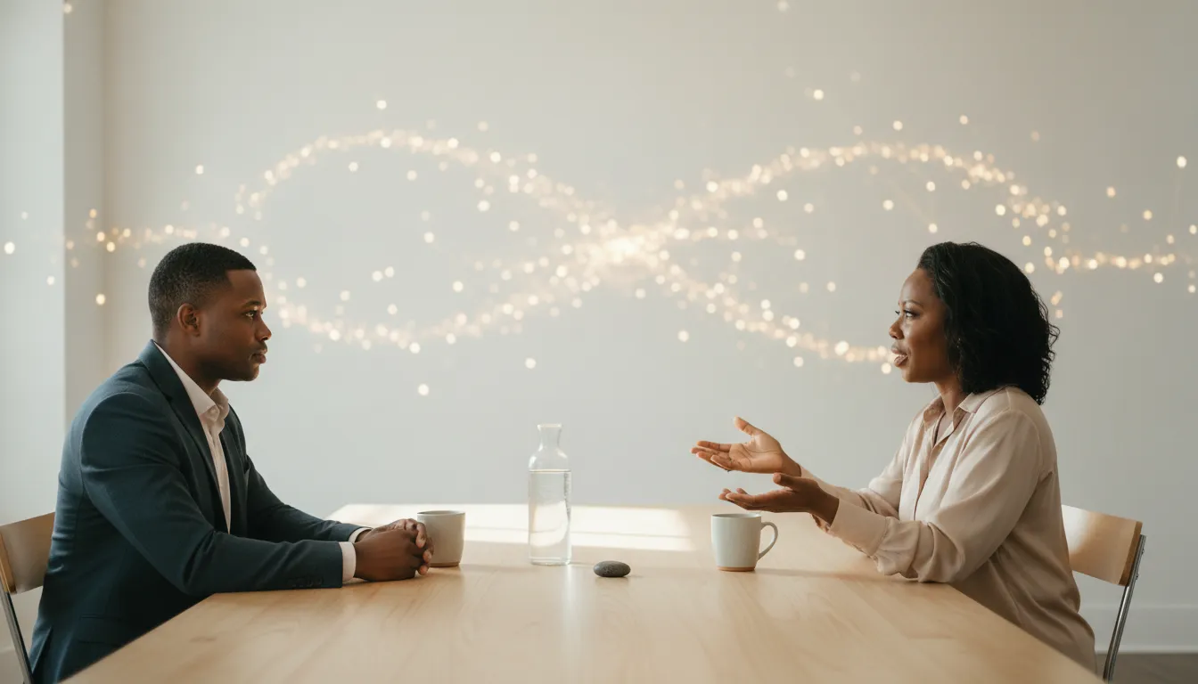 Wellness consultant explaining peptide product literacy to a professional in a bright studio