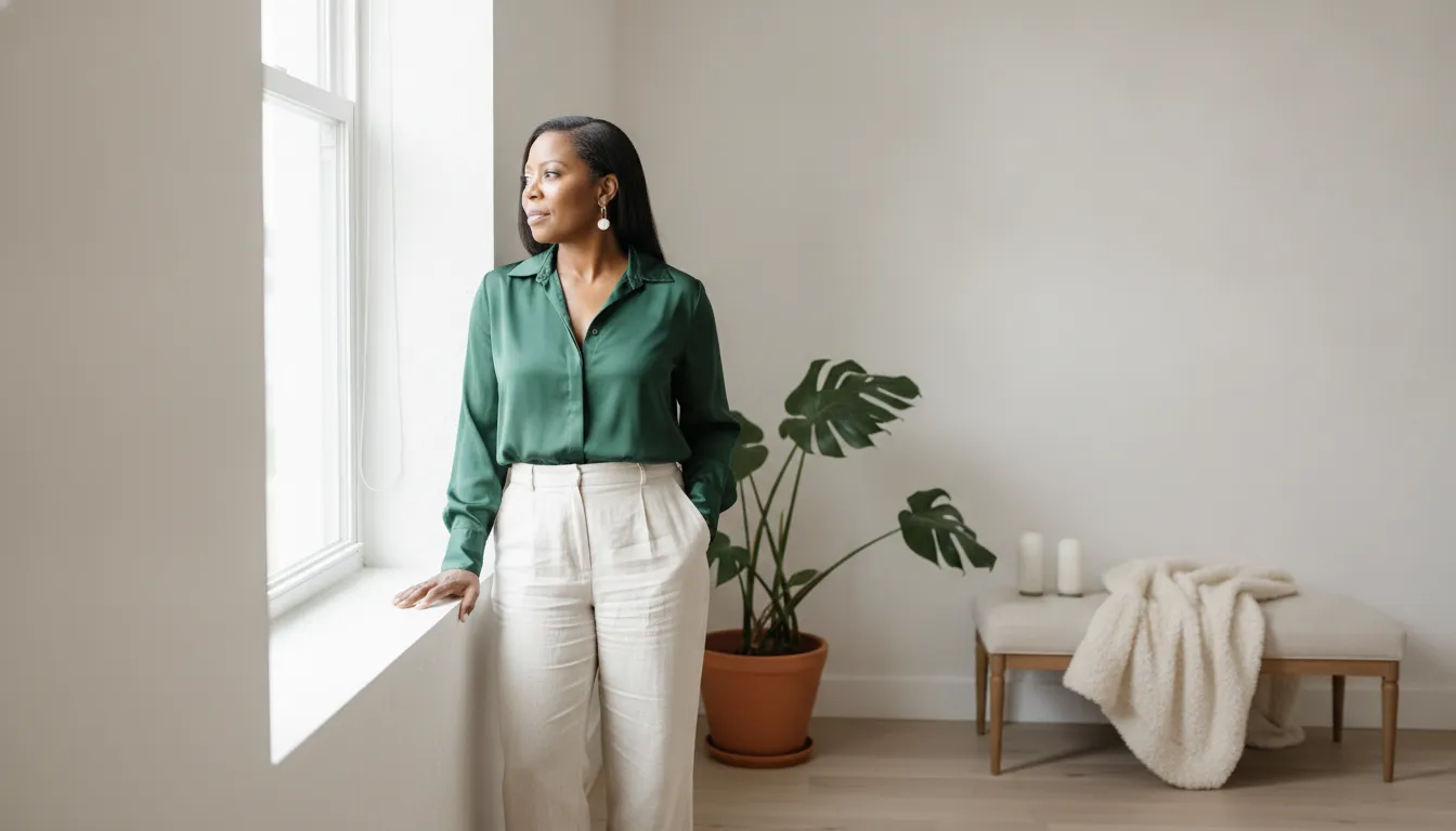 Executive reflecting in a calm wellness studio while assessing burnout patterns