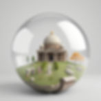 A miniature dome building in a glass sphere, surrounded by greenery, a statue, and a stone bench. Bright autumn tree adds color.