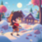 A child in a red scarf walks in a snowy landscape toward a cozy cabin. Pink trees and snowy mountains are visible under a bright moonlit sky.