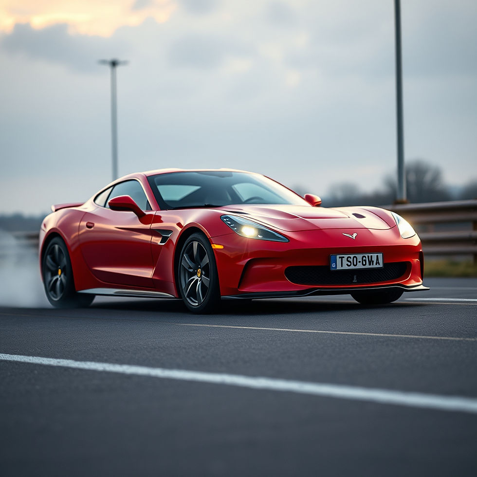 Red sports car with license plate "TSO-6WA" speeding on a highway, smoke from tires, cloudy sky background, dynamic and energetic mood.