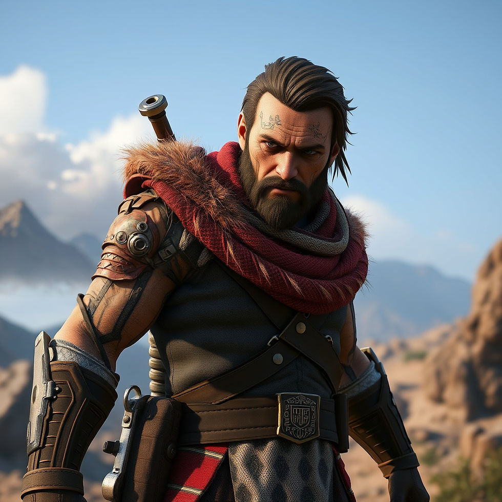 Bearded warrior in armor with tattoos stands in a mountainous desert, wearing a red fur-lined cloak, looking determined. Bright sky in background.