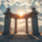 Stone arch with columns at sunset, sun rays shining through. Mountainous background, soft clouds, serene and majestic atmosphere.