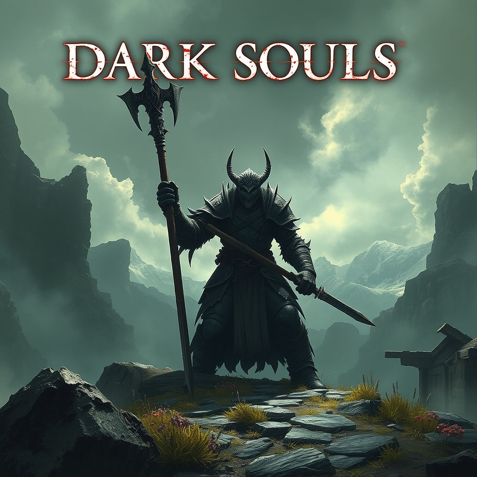 A knight in dark armor stands on a rocky path with mountains in the background. The sky is cloudy. Text reads "Dark Souls."