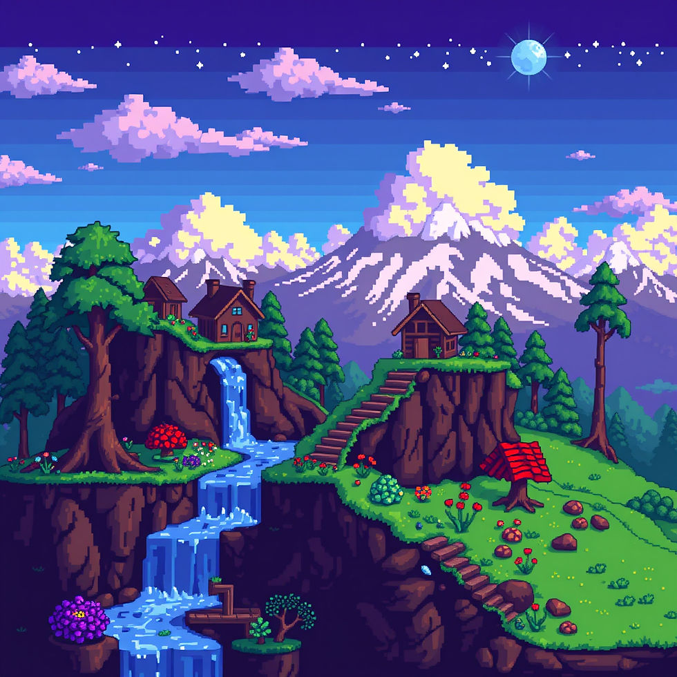 Pixel art landscape with cottages on cliffs, a cascading waterfall, vibrant trees, flowers, mountains, and a night sky with stars and a moon.
