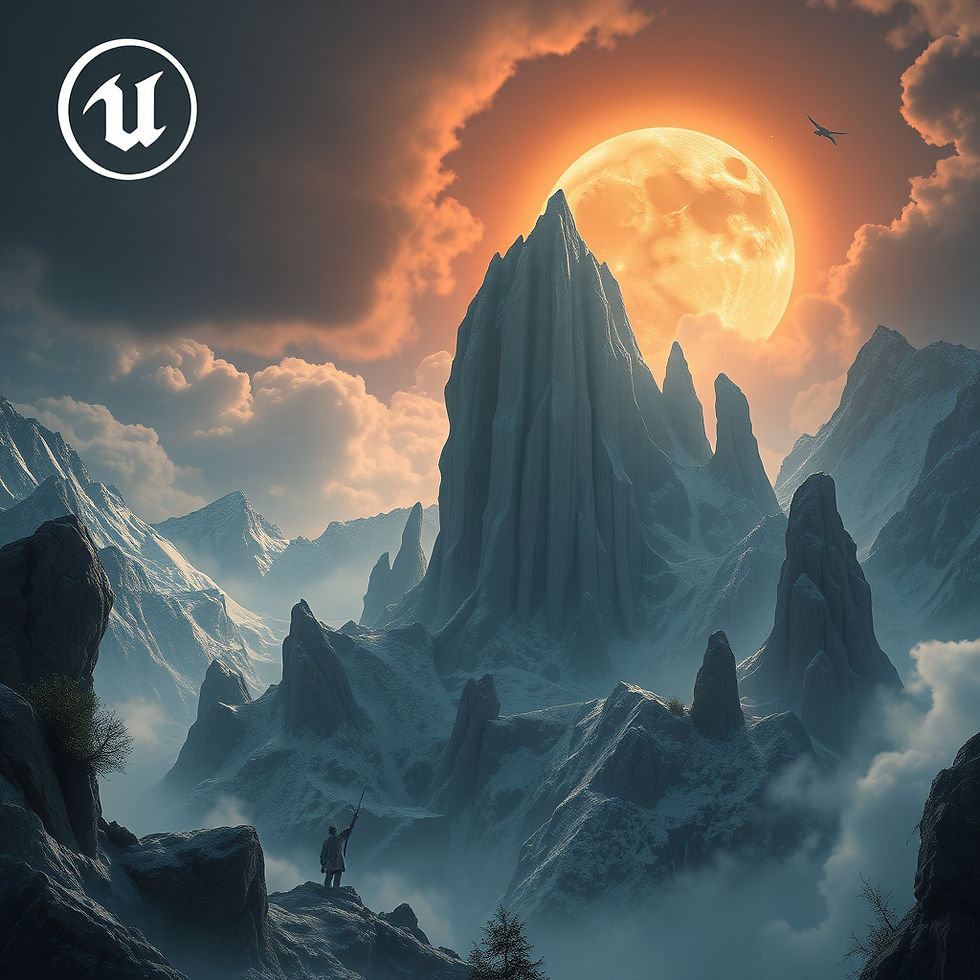 A lone figure stands on a snowy cliff, gazing at towering peaks under a glowing orange moon. Clouds and fog create a mystical atmosphere.