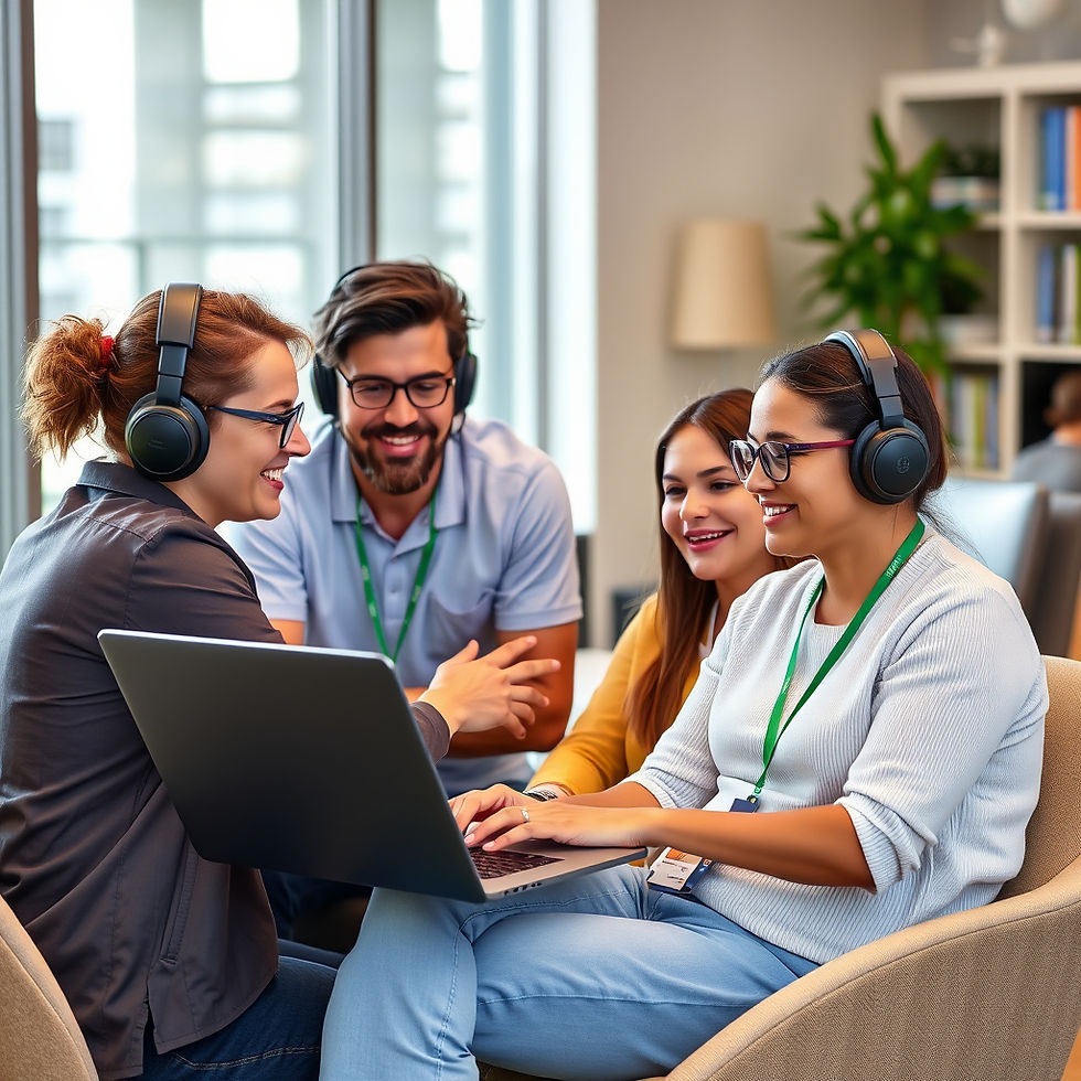 Four people wearing headphones discuss happily around a laptop in a modern office with large windows and plants. They appear engaged.