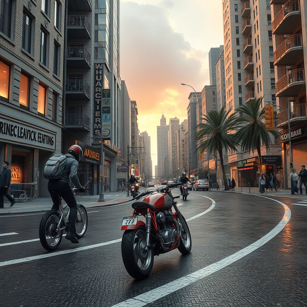 Cyclist and motorcyclists ride through a bustling city street at sunset. Tall buildings, palm tree, and signs create an urban backdrop.