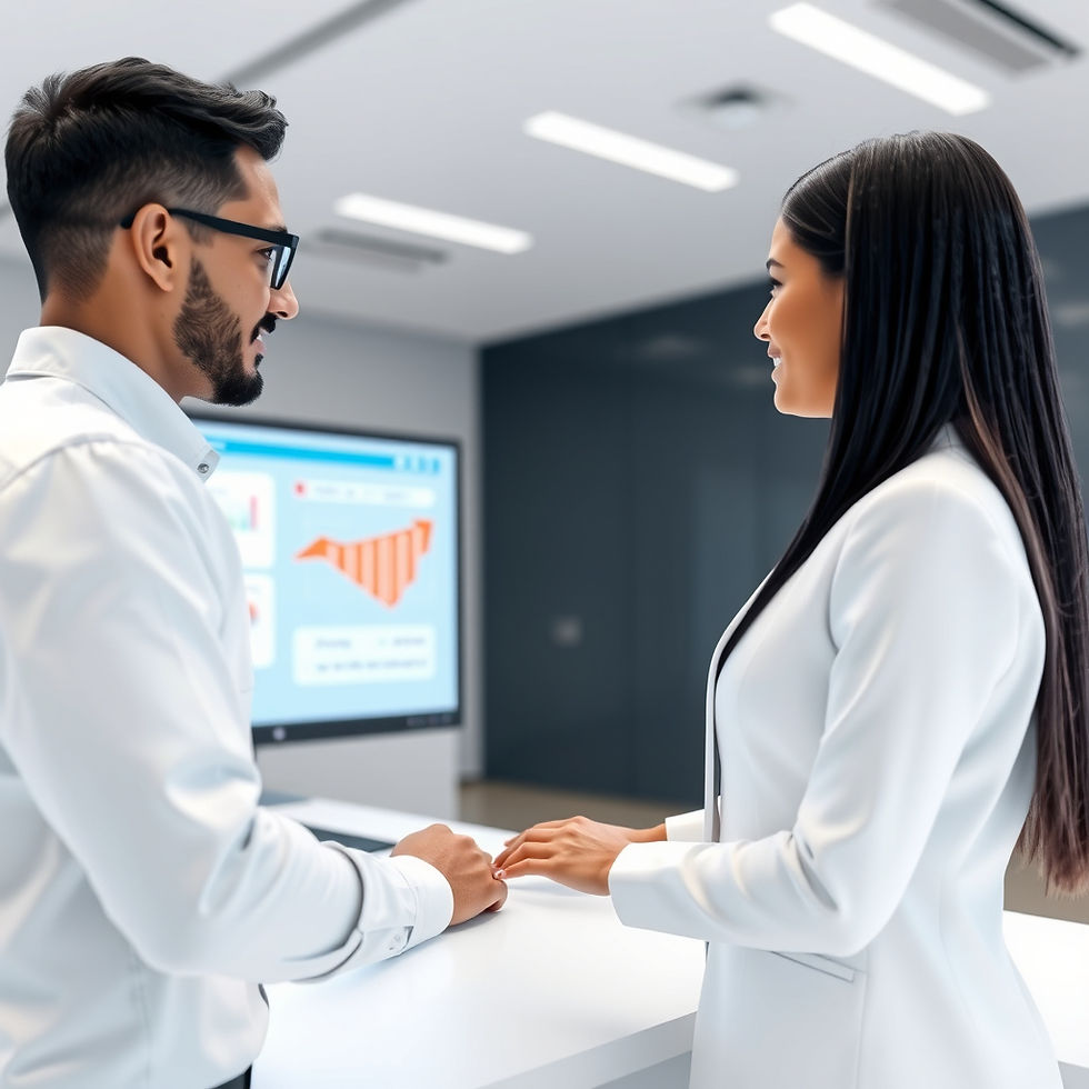 A man and woman in white coats discuss in a modern office with a screen displaying graphs. Both appear engaged and focused.