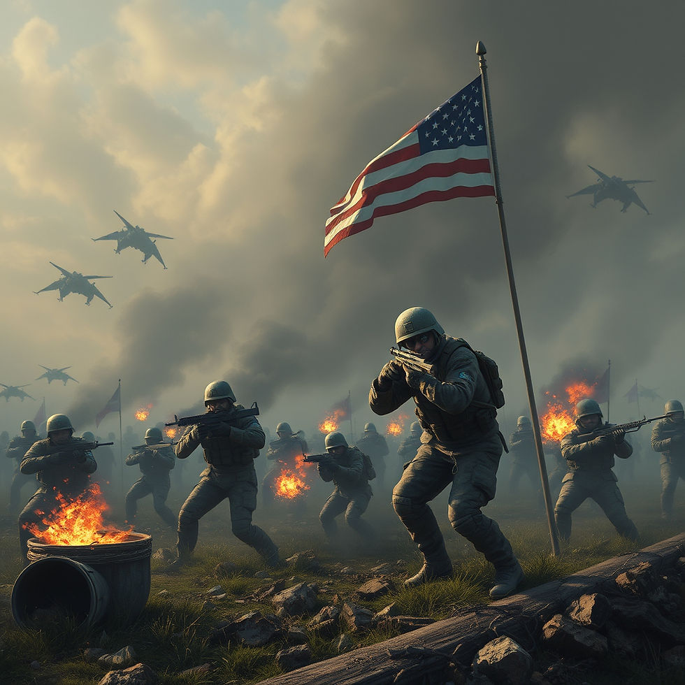 Soldiers in combat gear rush forward with guns amid explosions. American flag waves. Helicopters fly overhead. Smoky battlefield setting.