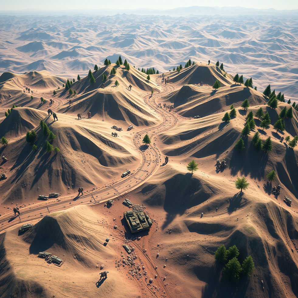 Aerial view of a desert with scattered trees, tanks, and soldiers navigating sand dunes under a clear sky, creating a strategic atmosphere.