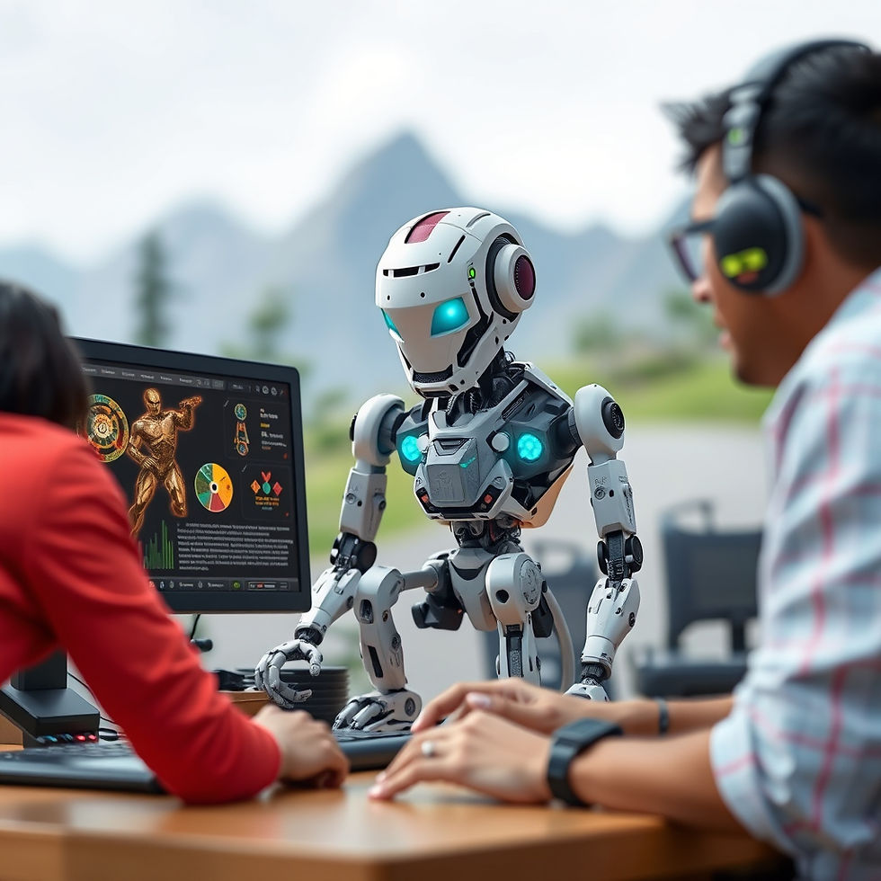 Robot with glowing blue eyes stands on a desk between two people using a computer. Mountain view in the background. Futuristic mood.