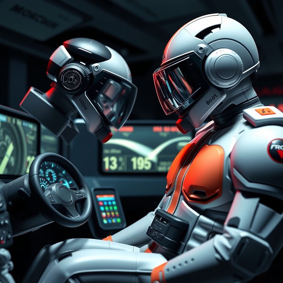 Robots in a futuristic command center, one seated operating controls, the other hovering. Bright screens display numbers and graphs.