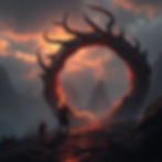 Two travelers approach a fiery, horned portal at sunset, silhouetted by glowing clouds and distant mountains, creating a mystical scene.
