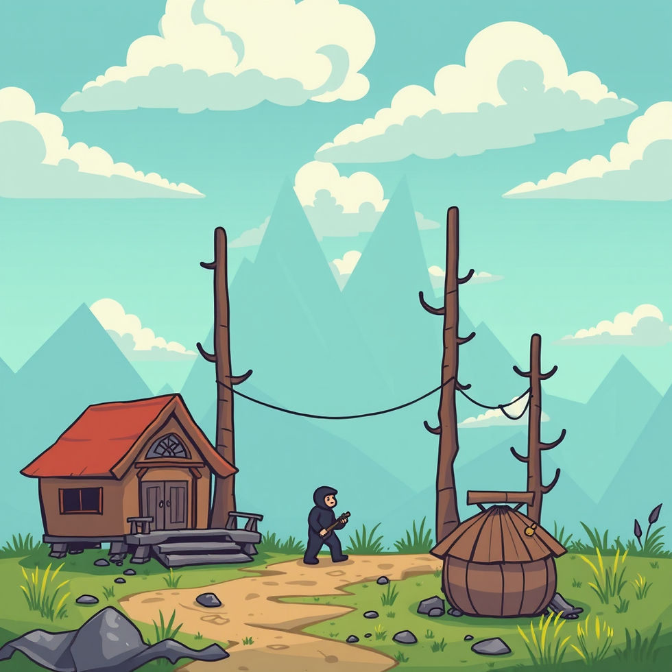 Cartoon ninja walking on a path toward a small wooden cabin with a red roof. Mountains and clouds in the background. Peaceful vibe.