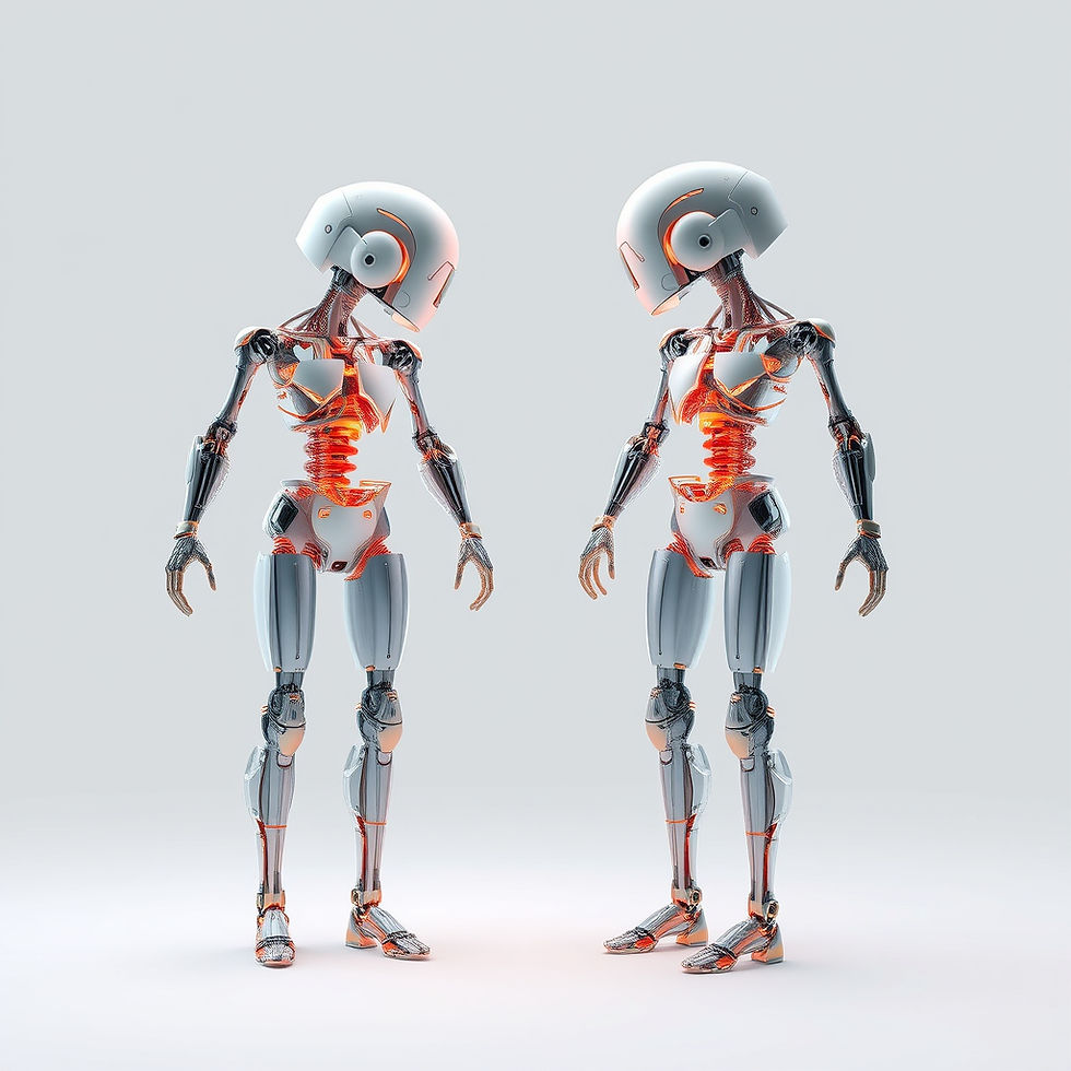 Two humanoid robots with white helmets and translucent bodies face each other. Background is plain gray, with orange accents highlighting details.
