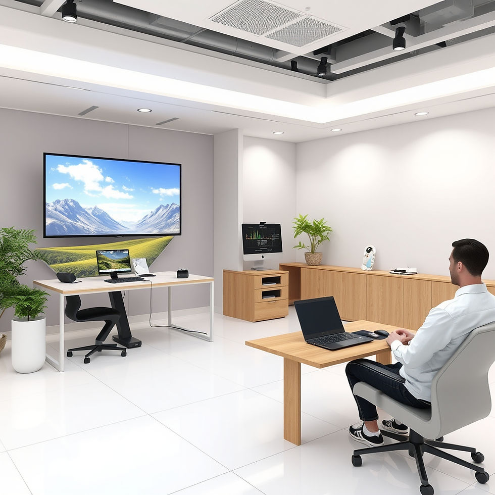 Modern office with two desks, computers, and a large screen showing a mountain landscape. A person sits at a desk with a laptop.