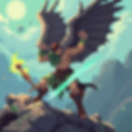 Warrior with dragon wings stands on rocky cliff, wielding a glowing green sword. Blue sky and mountains in background, intense mood.