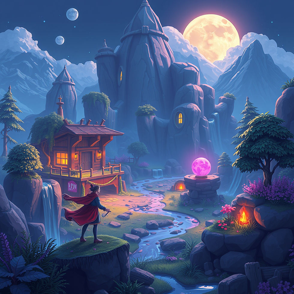A person in a red cape stands on a cliff by a cabin, gazing at a glowing orb. A full moon illuminates the mountains and waterfall.