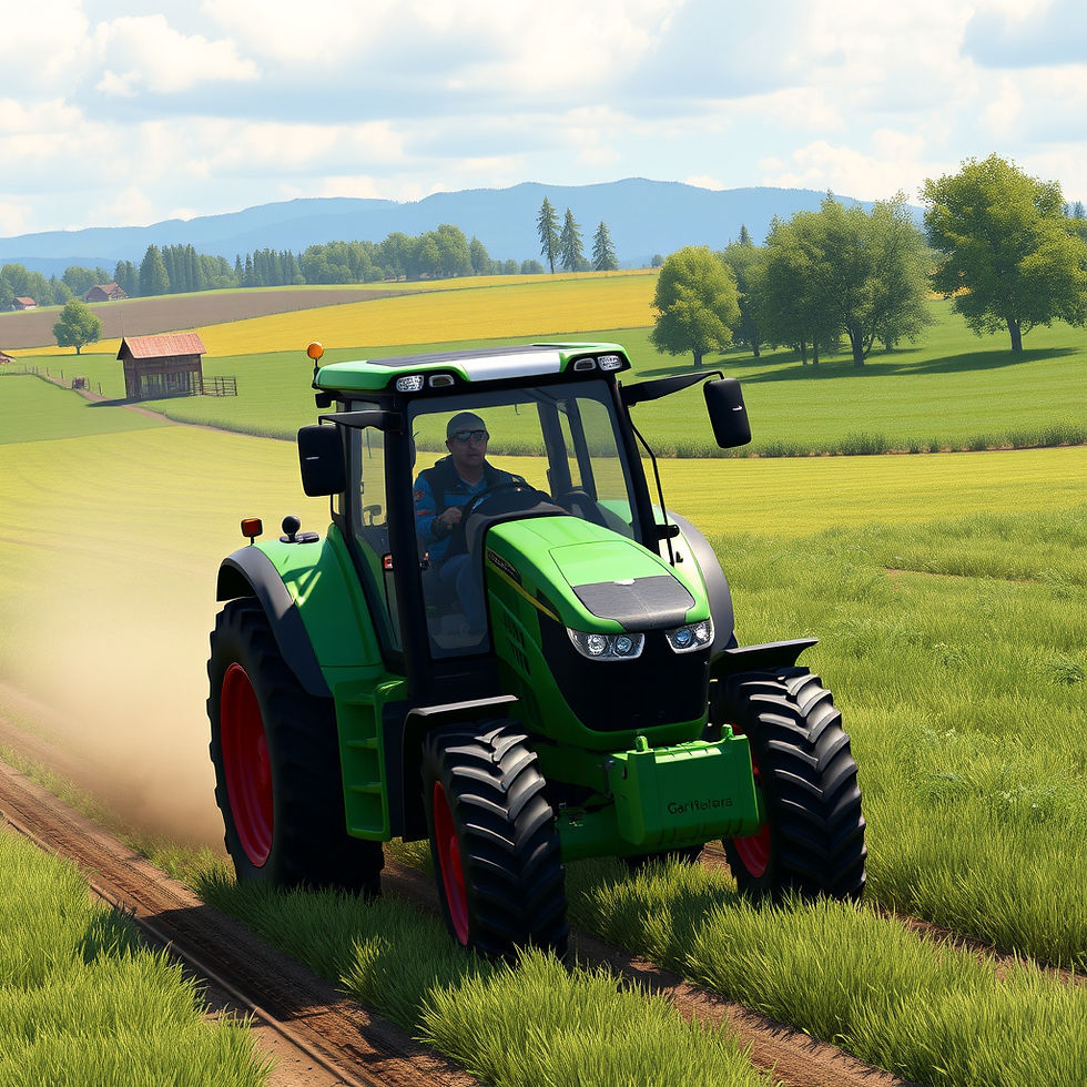 A person drives a green tractor through a lush, sunlit field. Rolling hills and trees fill the background under a blue, cloudy sky.
