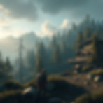 A person in a red jacket with a backpack stands in a forested mountain landscape at sunrise, near a wooden cabin, conveying a serene mood.