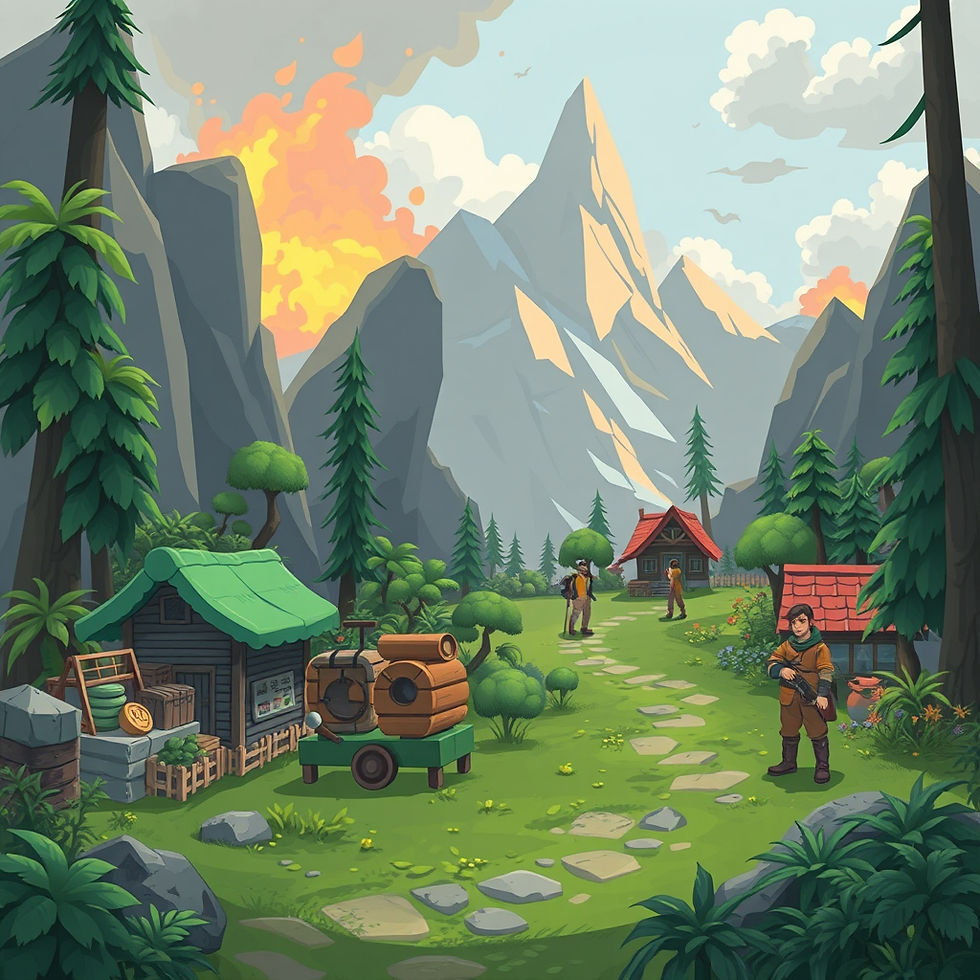 A scenic village in a mountainous landscape with villagers walking, wooden cabins, trees, and a bright sunrise. Cozy and peaceful atmosphere.