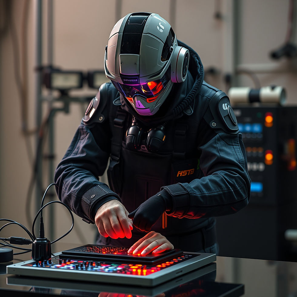 A futuristic figure in a helmet operates a glowing control panel in a tech lab, surrounded by screens. The scene is vibrant and high-tech.