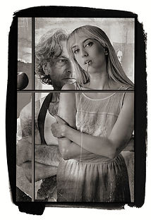 woman stands in front of tough man and Apple is love symbol