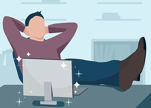 picture of a happy man with feet resting on a desk next to a sparkling new computer for unlimited repair plans at creative computer solutions in cape coral swfl