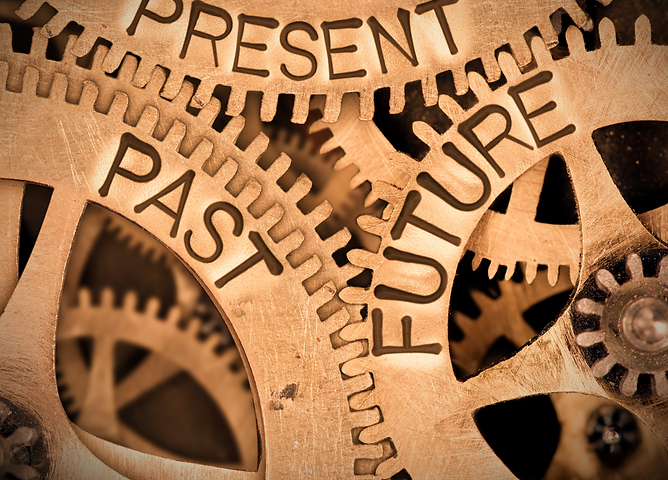 Macro photo of tooth wheel mechanism with PAST, PRESENT and FUTURE words imprinted on meta